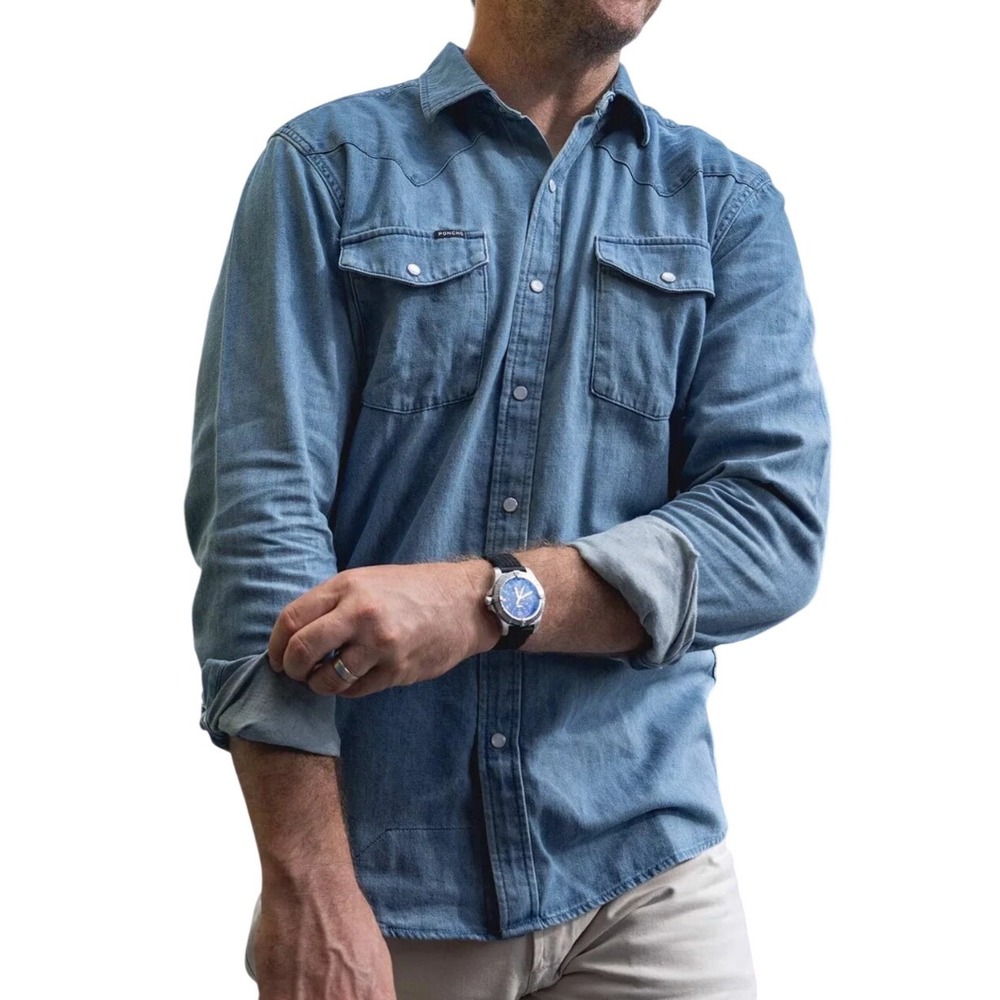 PONCHO Denim Western Shirt Mens XXXL Blue‎ Snap Button Long Sleeve Cotton Blend